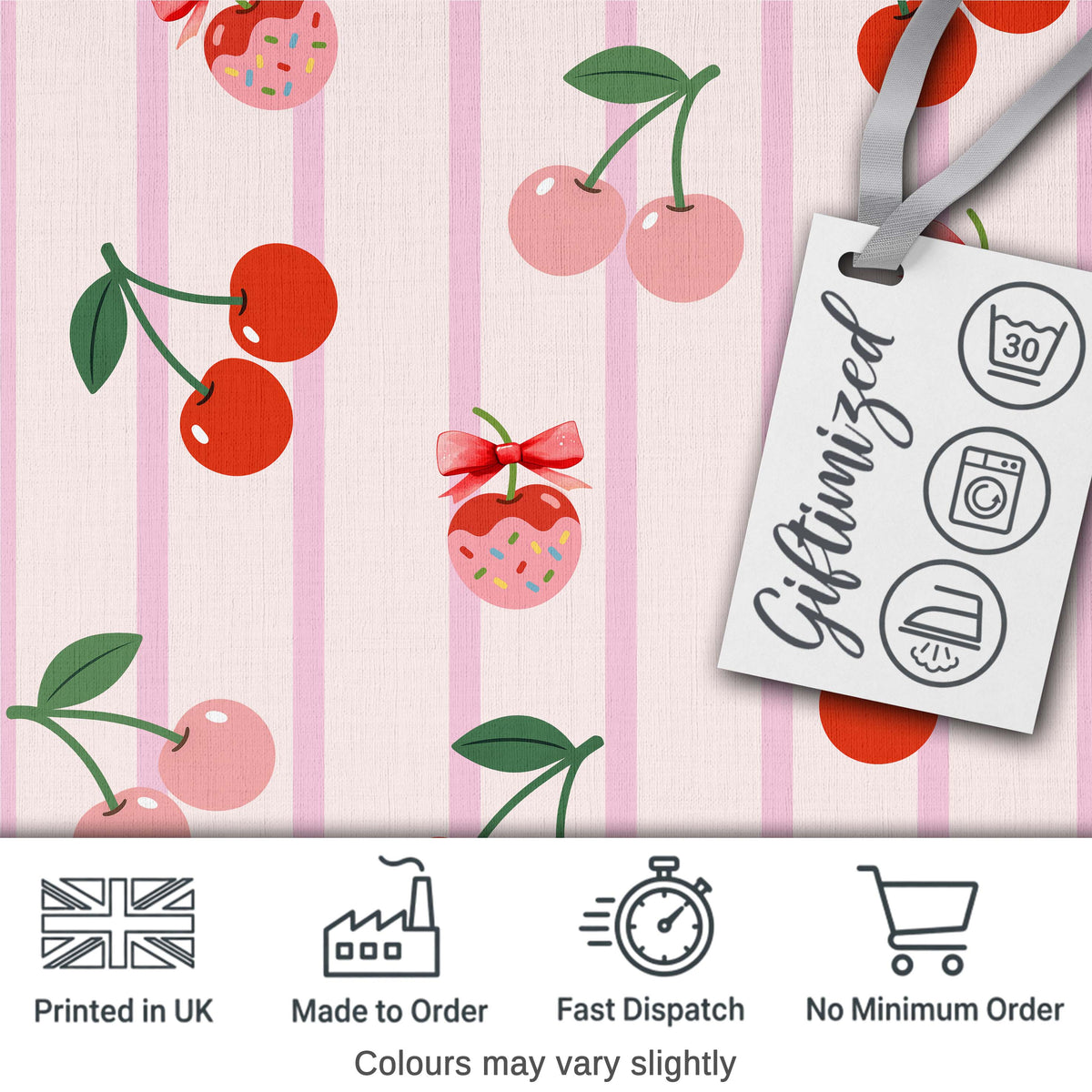 Cute Cherry Fruit with Bow and Sprinkles  Pattern Pink Stripe Background Digital Print Fabric by the Metre UK Sewing Quilting Textile