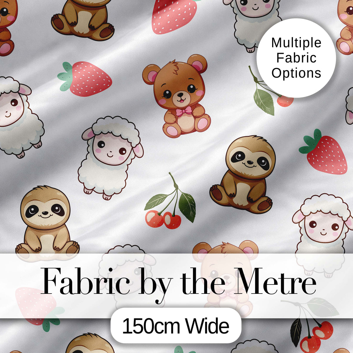 Cute Cute Animals Bear Sloth Sheep Strawberry  Pattern Soft Grey Background Digital Print Fabric by the Metre UK Sewing Quilting Textile