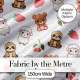 Cute Cute Animals Bear Sloth Sheep Strawberry  Pattern Soft Grey Background Digital Print Fabric by the Metre UK Sewing Quilting Textile