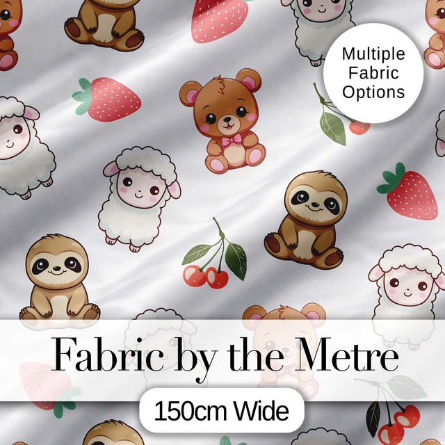Cute Cute Animals Bear Sloth Sheep Strawberry  Pattern Soft Grey Background Digital Print Fabric by the Metre UK Sewing Quilting Textile