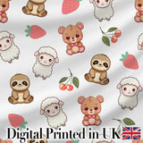 Cute Cute Animals Bear Sloth Sheep Strawberry  Pattern Soft Grey Background Digital Print Fabric by the Metre UK Sewing Quilting Textile