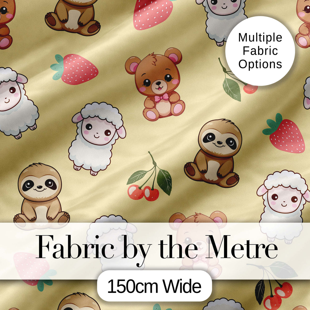 Cute Cute Animals Bear Sloth Sheep Strawberry  Pattern Warm Beige Background Digital Print Fabric by the Metre UK Sewing Quilting Textile
