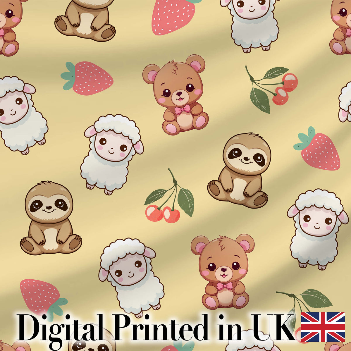 Cute Cute Animals Bear Sloth Sheep Strawberry  Pattern Warm Beige Background Digital Print Fabric by the Metre UK Sewing Quilting Textile