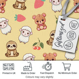 Cute Cute Animals Bear Sloth Sheep Strawberry  Pattern Warm Beige Background Digital Print Fabric by the Metre UK Sewing Quilting Textile