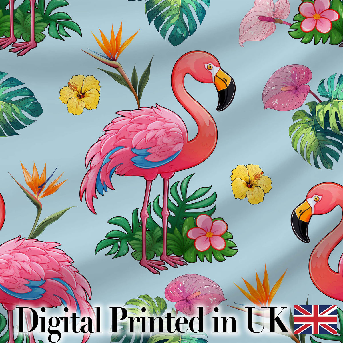 Tropical Flamingo Bird with Exotic Flowers Leaves  Pattern Blue Background Digital Print Fabric by the Metre UK Sewing Quilting Textile