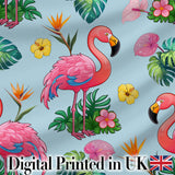 Tropical Flamingo Bird with Exotic Flowers Leaves  Pattern Blue Background Digital Print Fabric by the Metre UK Sewing Quilting Textile