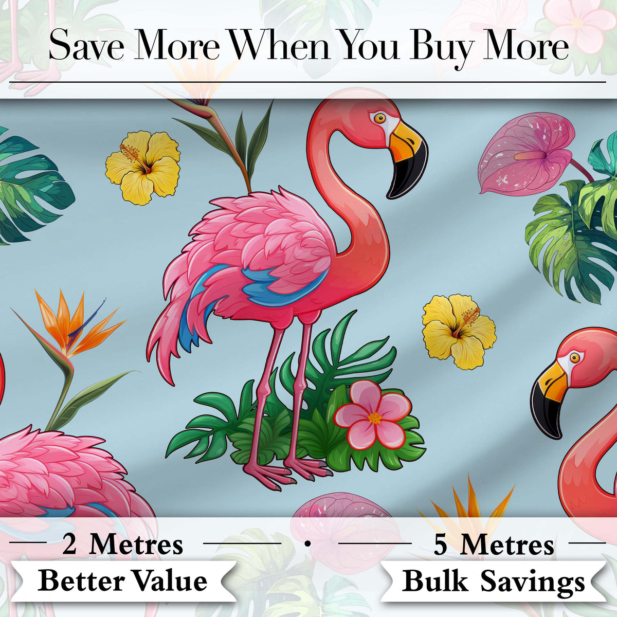 Tropical Flamingo Bird with Exotic Flowers Leaves  Pattern Blue Background Digital Print Fabric by the Metre UK Sewing Quilting Textile