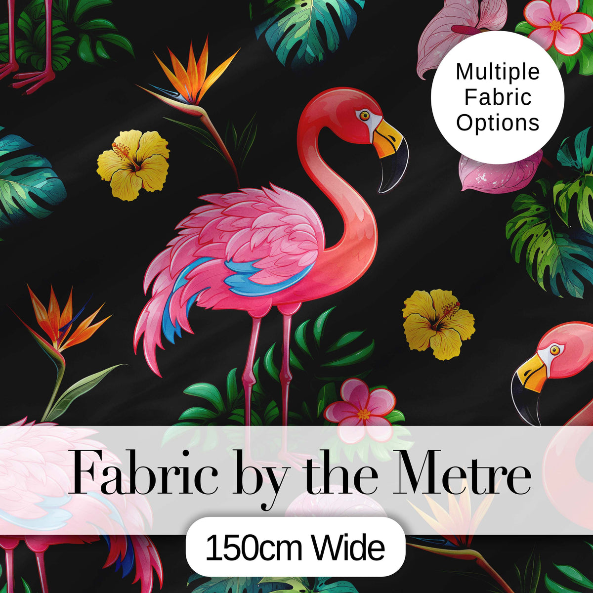 Tropical Flamingo Bird with Exotic Flowers Leaves  Pattern Black Background Digital Print Fabric by the Metre UK Sewing Quilting Textile