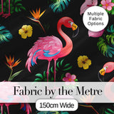 Tropical Flamingo Bird with Exotic Flowers Leaves  Pattern Black Background Digital Print Fabric by the Metre UK Sewing Quilting Textile
