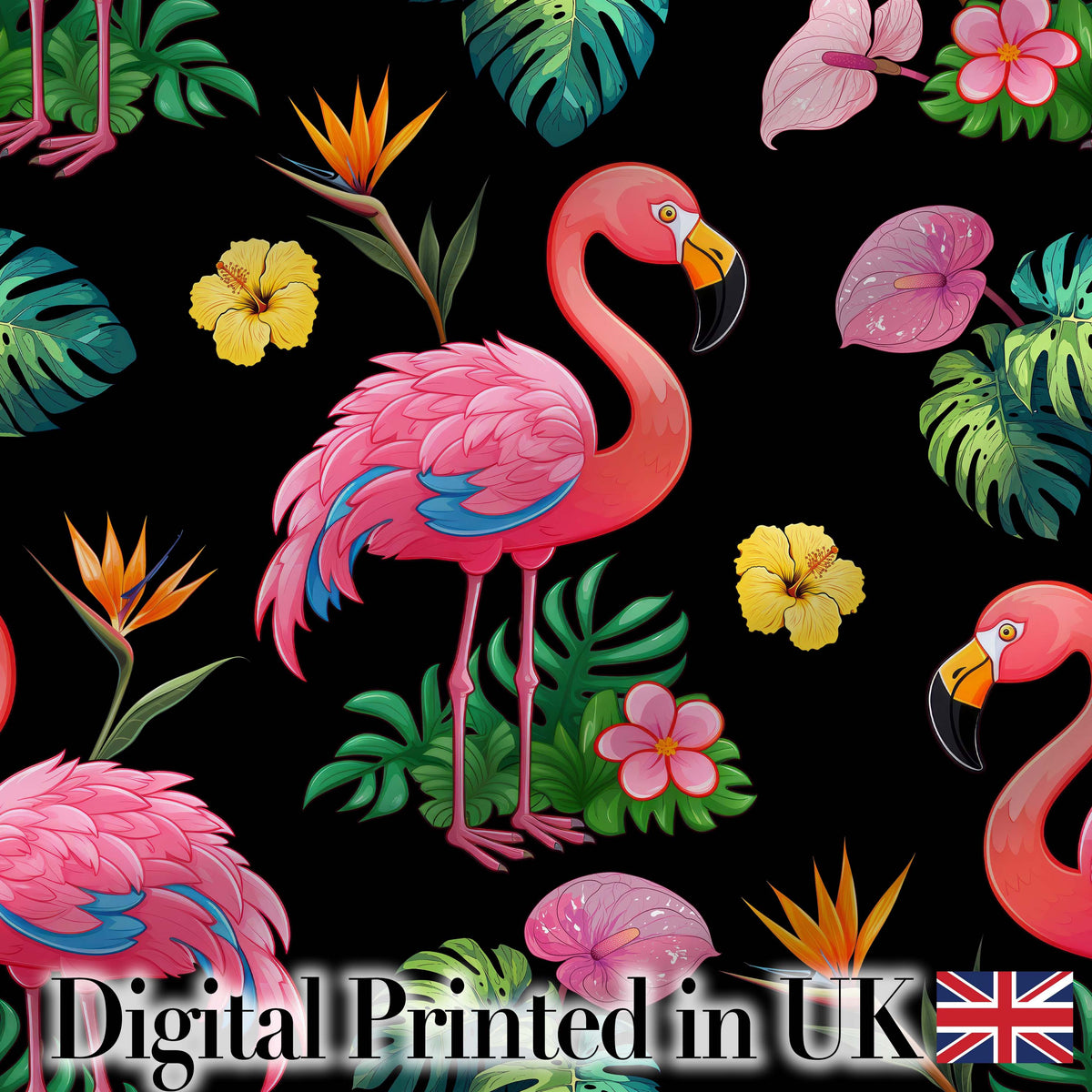 Tropical Flamingo Bird with Exotic Flowers Leaves  Pattern Black Background Digital Print Fabric by the Metre UK Sewing Quilting Textile