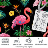 Tropical Flamingo Bird with Exotic Flowers Leaves  Pattern Black Background Digital Print Fabric by the Metre UK Sewing Quilting Textile