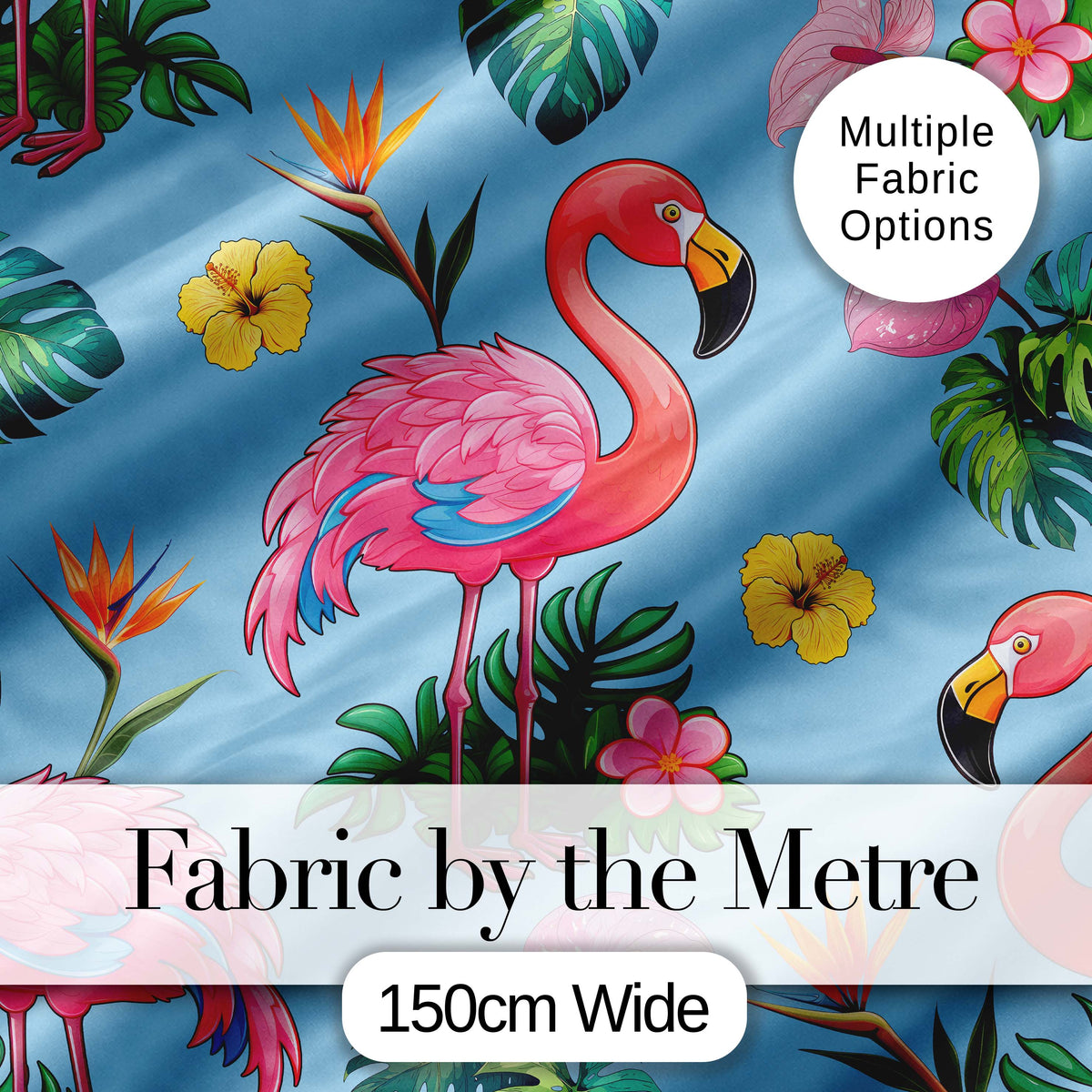 Tropical Flamingo Bird with Exotic Flowers Leaves  Pattern Blue Background Digital Print Fabric by the Metre UK Sewing Quilting Textile