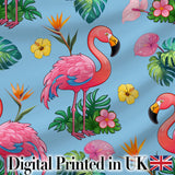 Tropical Flamingo Bird with Exotic Flowers Leaves  Pattern Blue Background Digital Print Fabric by the Metre UK Sewing Quilting Textile