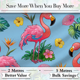 Tropical Flamingo Bird with Exotic Flowers Leaves  Pattern Blue Background Digital Print Fabric by the Metre UK Sewing Quilting Textile
