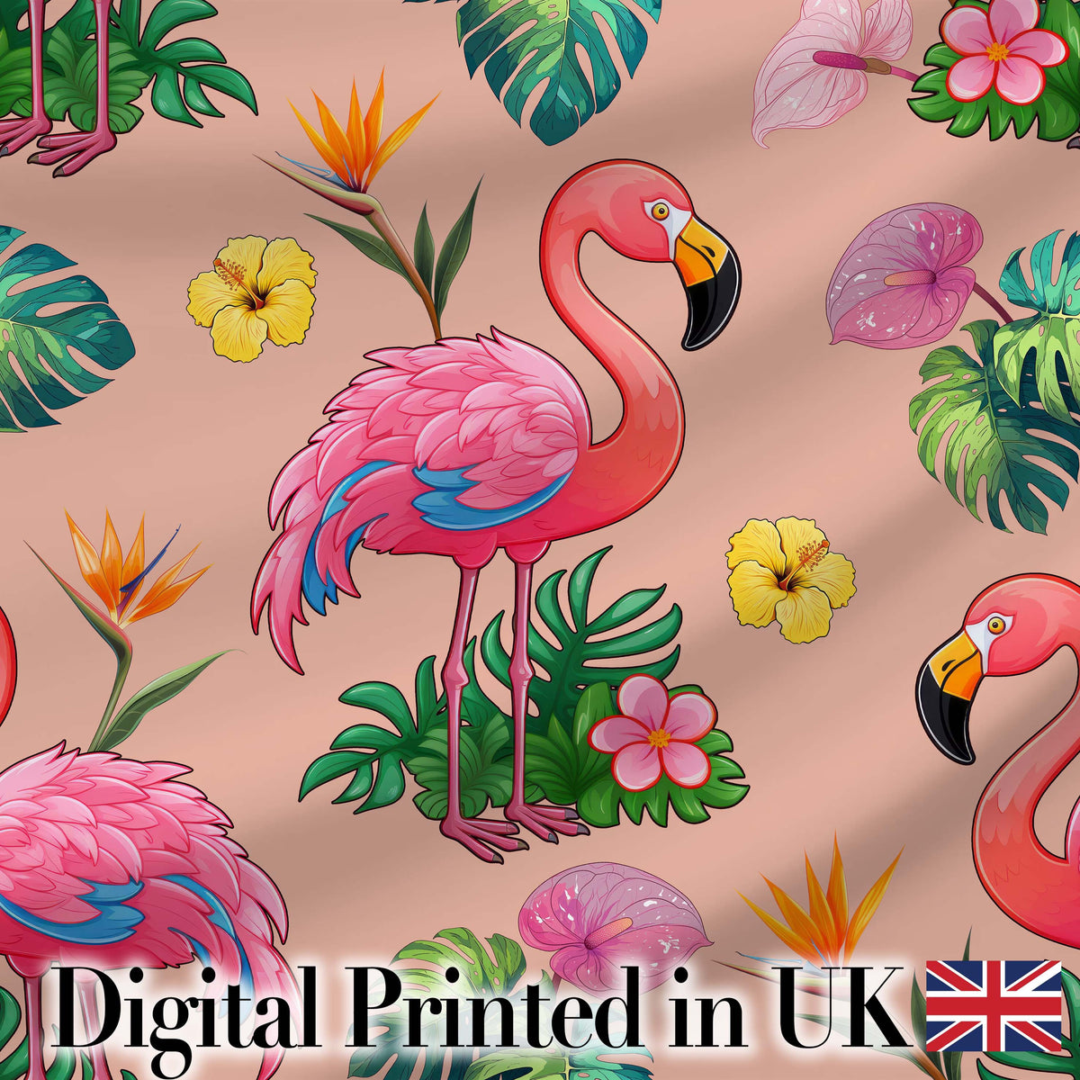 Tropical Flamingo Bird with Exotic Flowers Leaves  Pattern Peach Background Digital Print Fabric by the Metre UK Sewing Quilting Textile