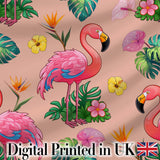 Tropical Flamingo Bird with Exotic Flowers Leaves  Pattern Peach Background Digital Print Fabric by the Metre UK Sewing Quilting Textile