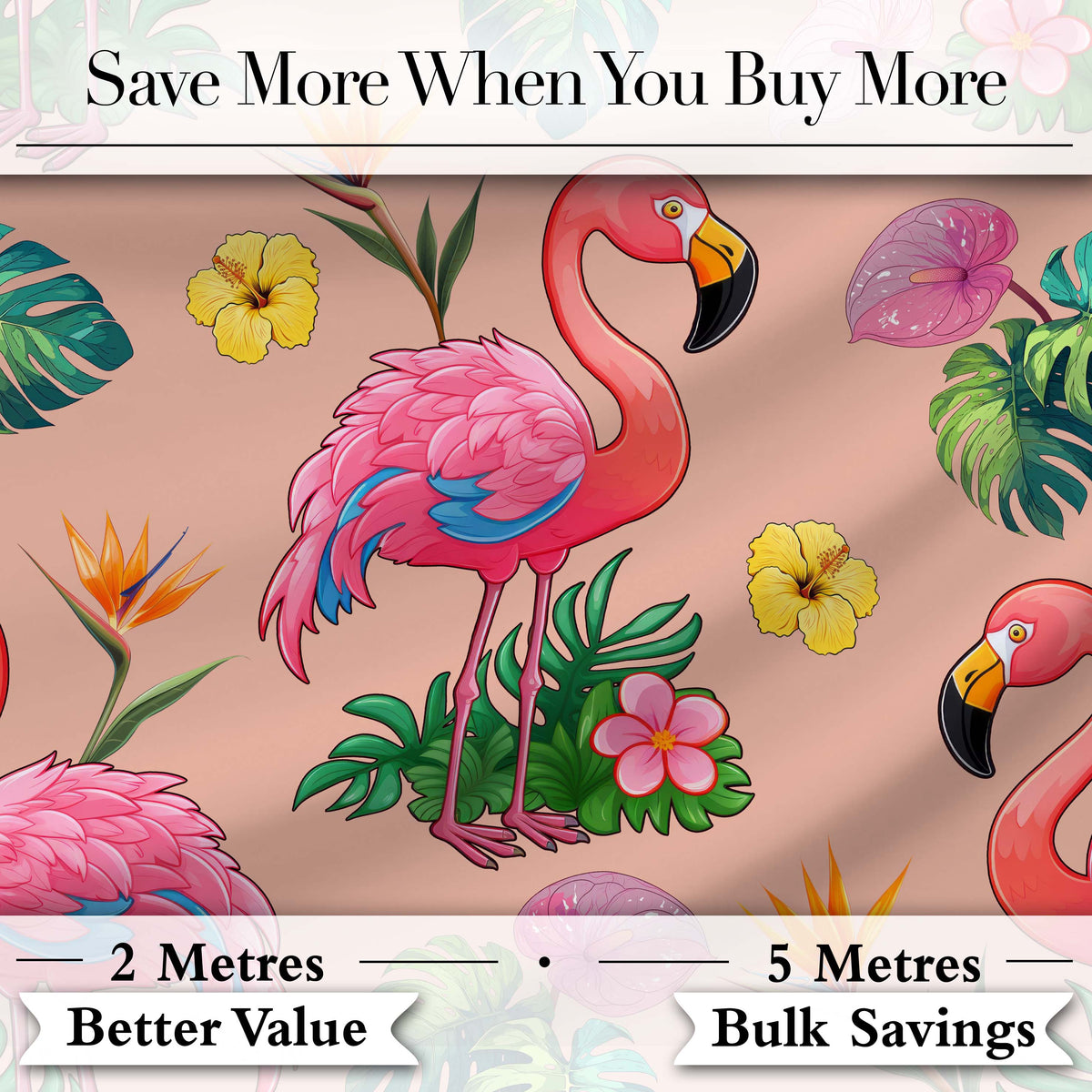 Tropical Flamingo Bird with Exotic Flowers Leaves  Pattern Peach Background Digital Print Fabric by the Metre UK Sewing Quilting Textile