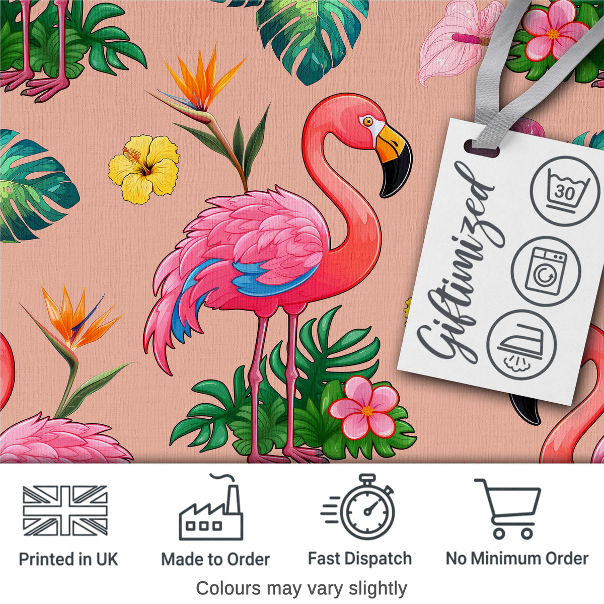 Tropical Flamingo Bird with Exotic Flowers Leaves  Pattern Peach Background Digital Print Fabric by the Metre UK Sewing Quilting Textile