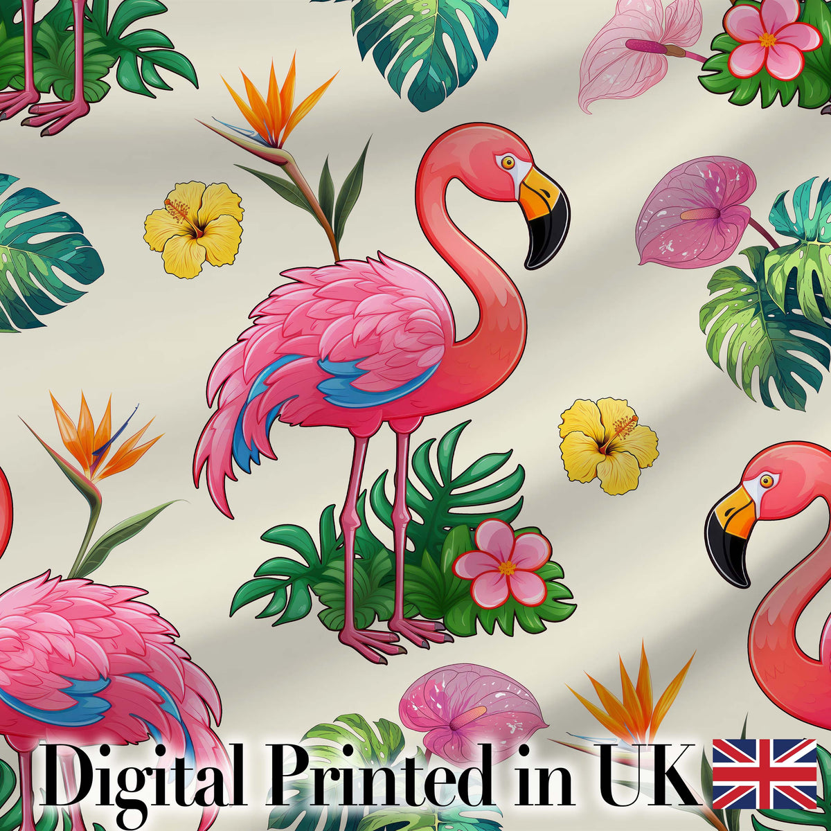 Tropical Flamingo Bird with Exotic Flowers Leaves  Pattern Cream Background Digital Print Fabric by the Metre UK Sewing Quilting Textile