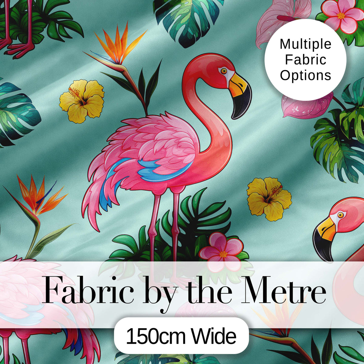 Tropical Flamingo Bird with Exotic Flowers Leaves  Pattern Mint Background Digital Print Fabric by the Metre UK Sewing Quilting Textile