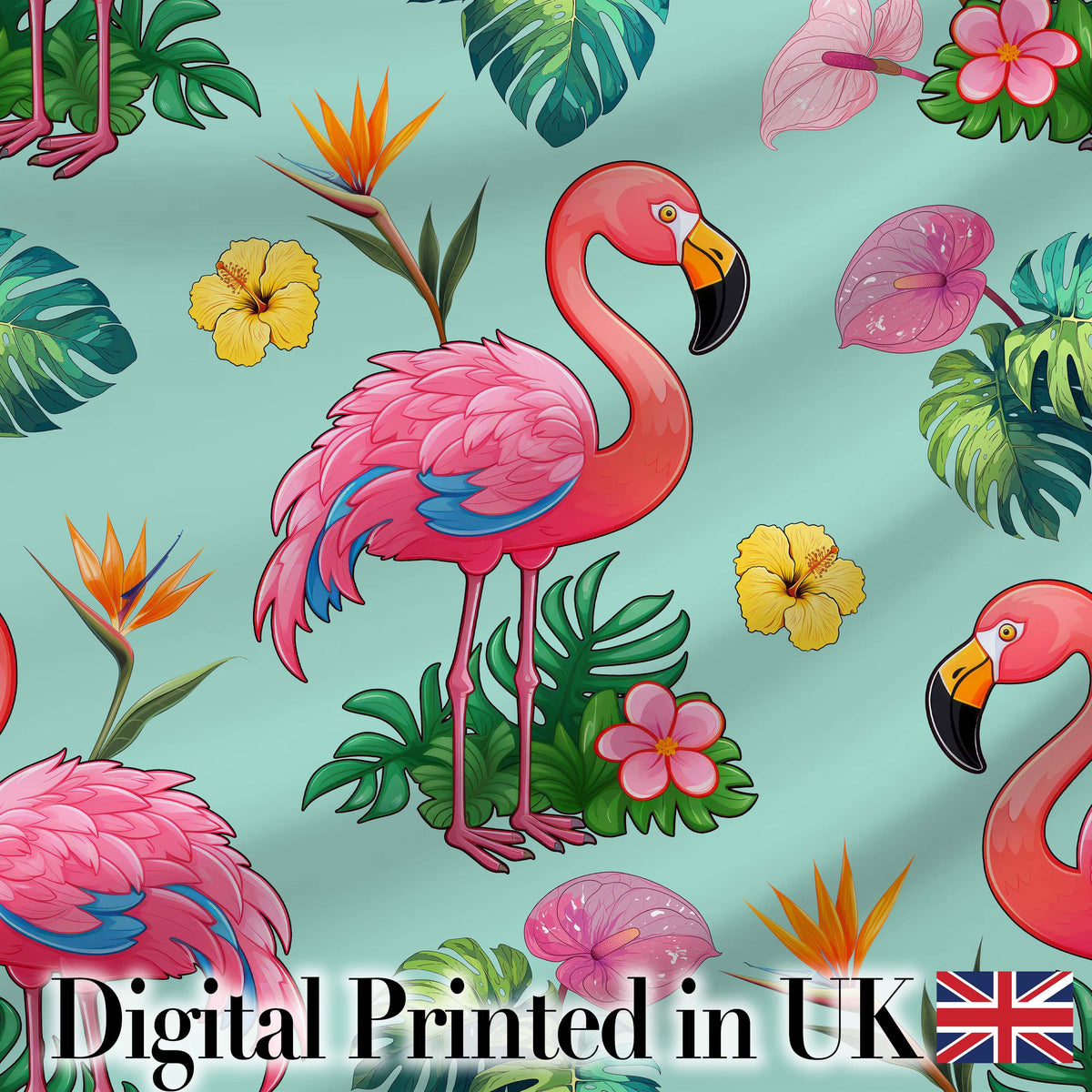 Tropical Flamingo Bird with Exotic Flowers Leaves  Pattern Mint Background Digital Print Fabric by the Metre UK Sewing Quilting Textile