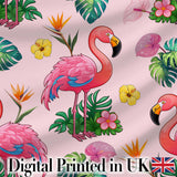Tropical Flamingo Bird with Exotic Flowers Leaves   Blush Pink Background Digital Print Fabric by the Metre UK Sewing Quilting Textile