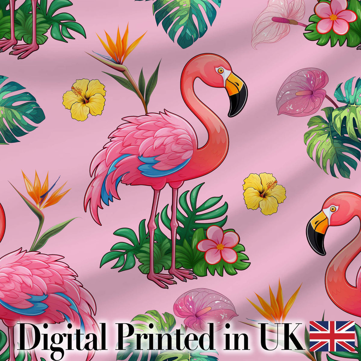 Tropical Flamingo Bird with Exotic Flowers Leaves  Pattern Soft Pink Background Digital Print Fabric by the Metre UK Sewing Quilting Textile