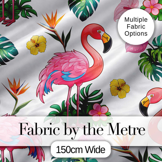 Tropical Flamingo Bird with Exotic Flowers Leaves   Light Grey Background Digital Print Fabric by the Metre UK Sewing Quilting Textile