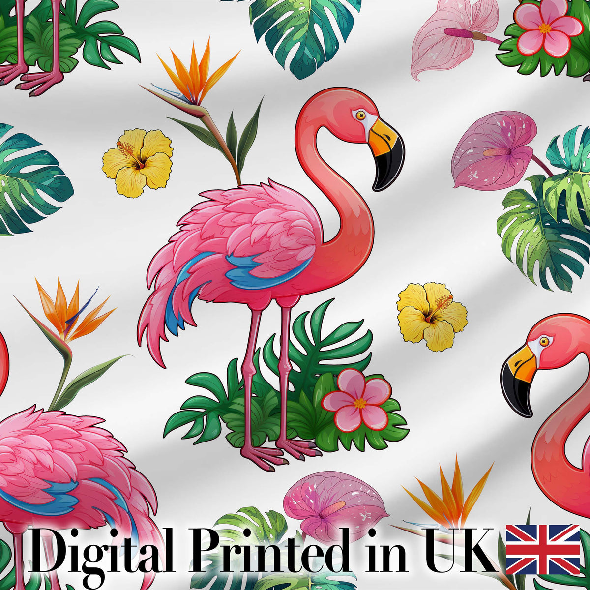 Tropical Flamingo Bird with Exotic Flowers Leaves   Light Grey Background Digital Print Fabric by the Metre UK Sewing Quilting Textile