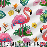 Tropical Flamingo Bird with Exotic Flowers Leaves   Light Grey Background Digital Print Fabric by the Metre UK Sewing Quilting Textile