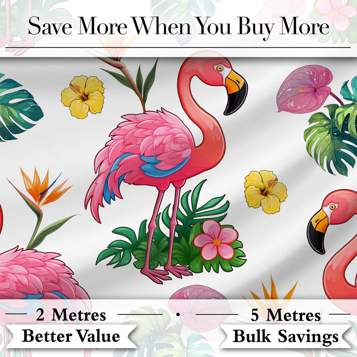 Tropical Flamingo Bird with Exotic Flowers Leaves   Light Grey Background Digital Print Fabric by the Metre UK Sewing Quilting Textile