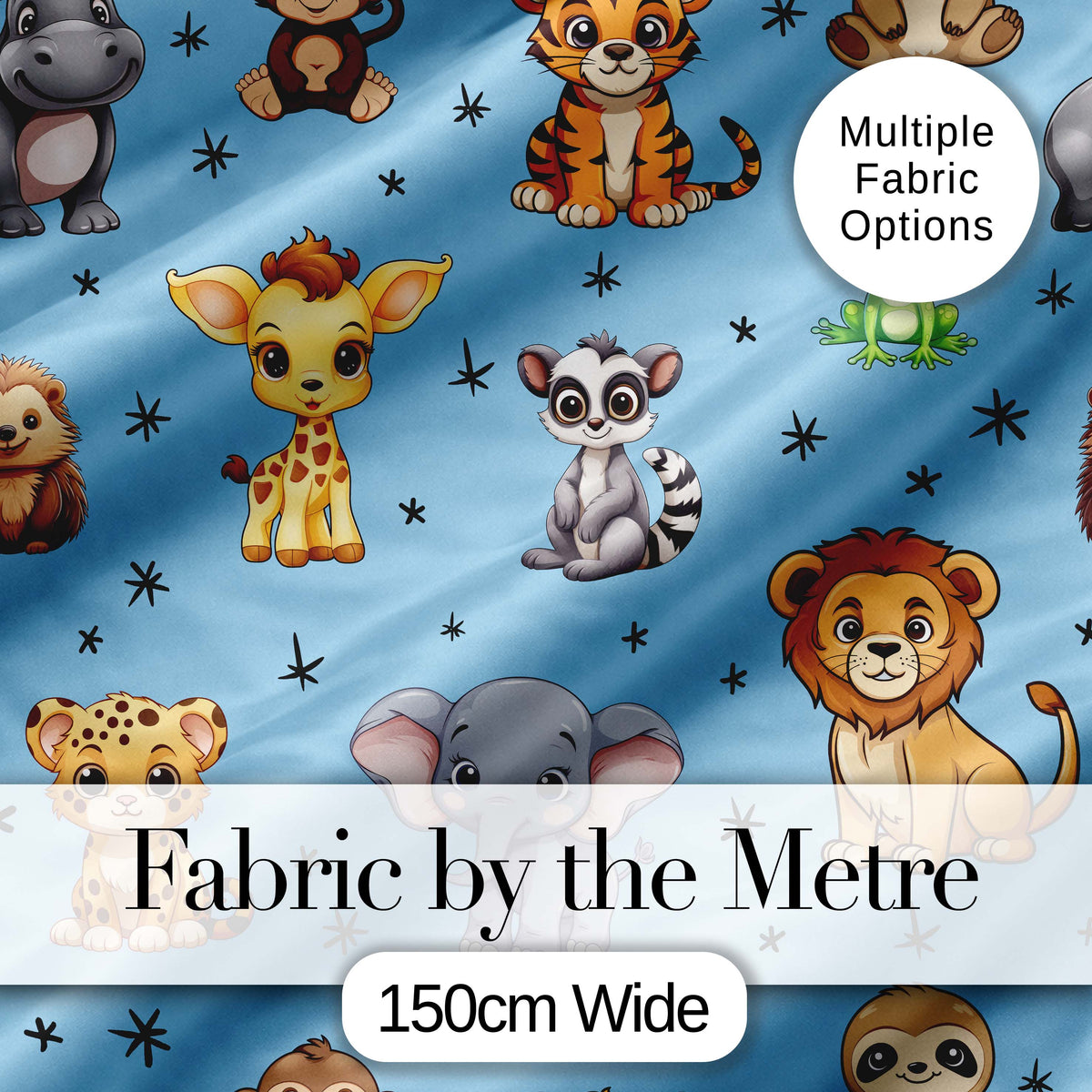 Cute Jungle Baby Animals Lion Tiger Elephant Giraffe   Sky Blue Background Digital Print Fabric by the Metre UK Sewing Quilting Textile