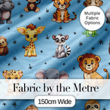 Cute Jungle Baby Animals Lion Tiger Elephant Giraffe   Sky Blue Background Digital Print Fabric by the Metre UK Sewing Quilting Textile