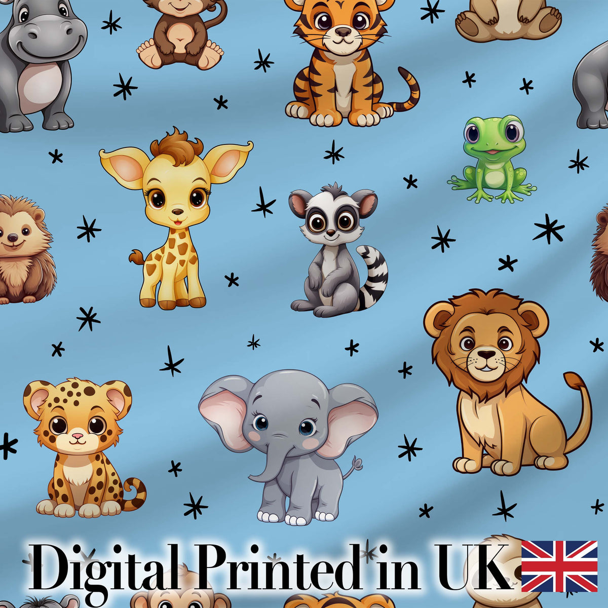 Cute Jungle Baby Animals Lion Tiger Elephant Giraffe   Sky Blue Background Digital Print Fabric by the Metre UK Sewing Quilting Textile