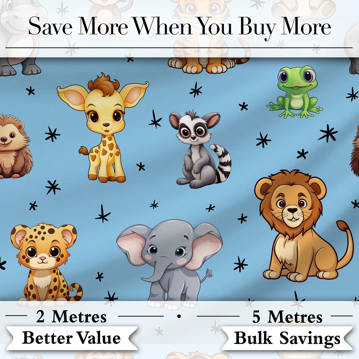 Cute Jungle Baby Animals Lion Tiger Elephant Giraffe   Sky Blue Background Digital Print Fabric by the Metre UK Sewing Quilting Textile
