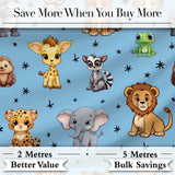 Cute Jungle Baby Animals Lion Tiger Elephant Giraffe   Sky Blue Background Digital Print Fabric by the Metre UK Sewing Quilting Textile