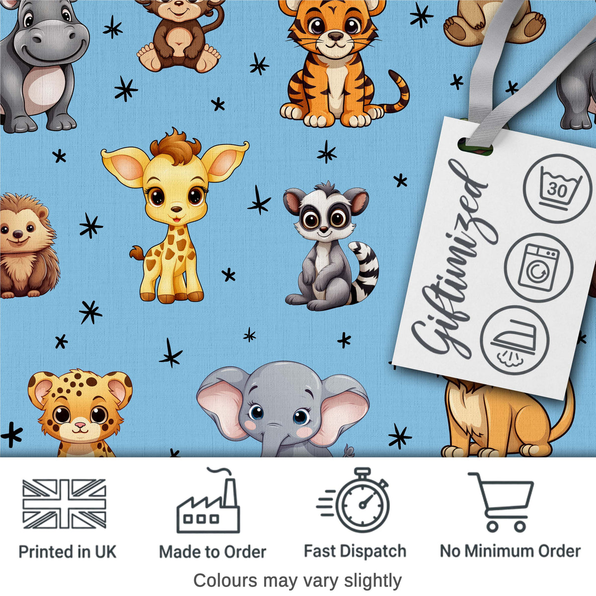 Cute Jungle Baby Animals Lion Tiger Elephant Giraffe   Sky Blue Background Digital Print Fabric by the Metre UK Sewing Quilting Textile