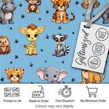 Cute Jungle Baby Animals Lion Tiger Elephant Giraffe   Sky Blue Background Digital Print Fabric by the Metre UK Sewing Quilting Textile