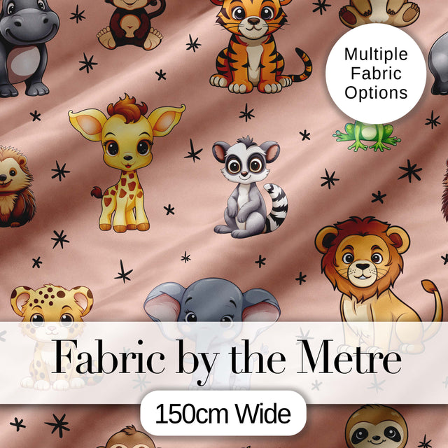 Cute Jungle Baby Animals Lion Tiger Elephant Giraffe  Pattern Peach Background Digital Print Fabric by the Metre UK Sewing Quilting Textile