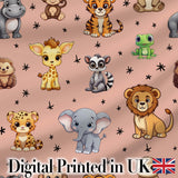 Cute Jungle Baby Animals Lion Tiger Elephant Giraffe  Pattern Peach Background Digital Print Fabric by the Metre UK Sewing Quilting Textile