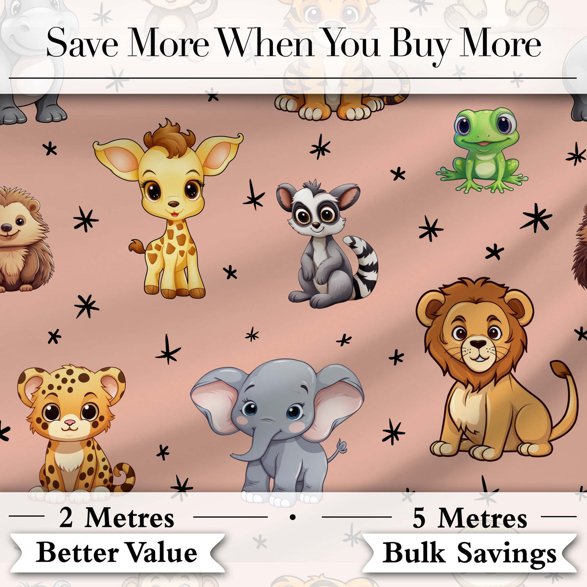Cute Jungle Baby Animals Lion Tiger Elephant Giraffe  Pattern Peach Background Digital Print Fabric by the Metre UK Sewing Quilting Textile