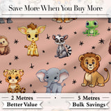Cute Jungle Baby Animals Lion Tiger Elephant Giraffe  Pattern Peach Background Digital Print Fabric by the Metre UK Sewing Quilting Textile