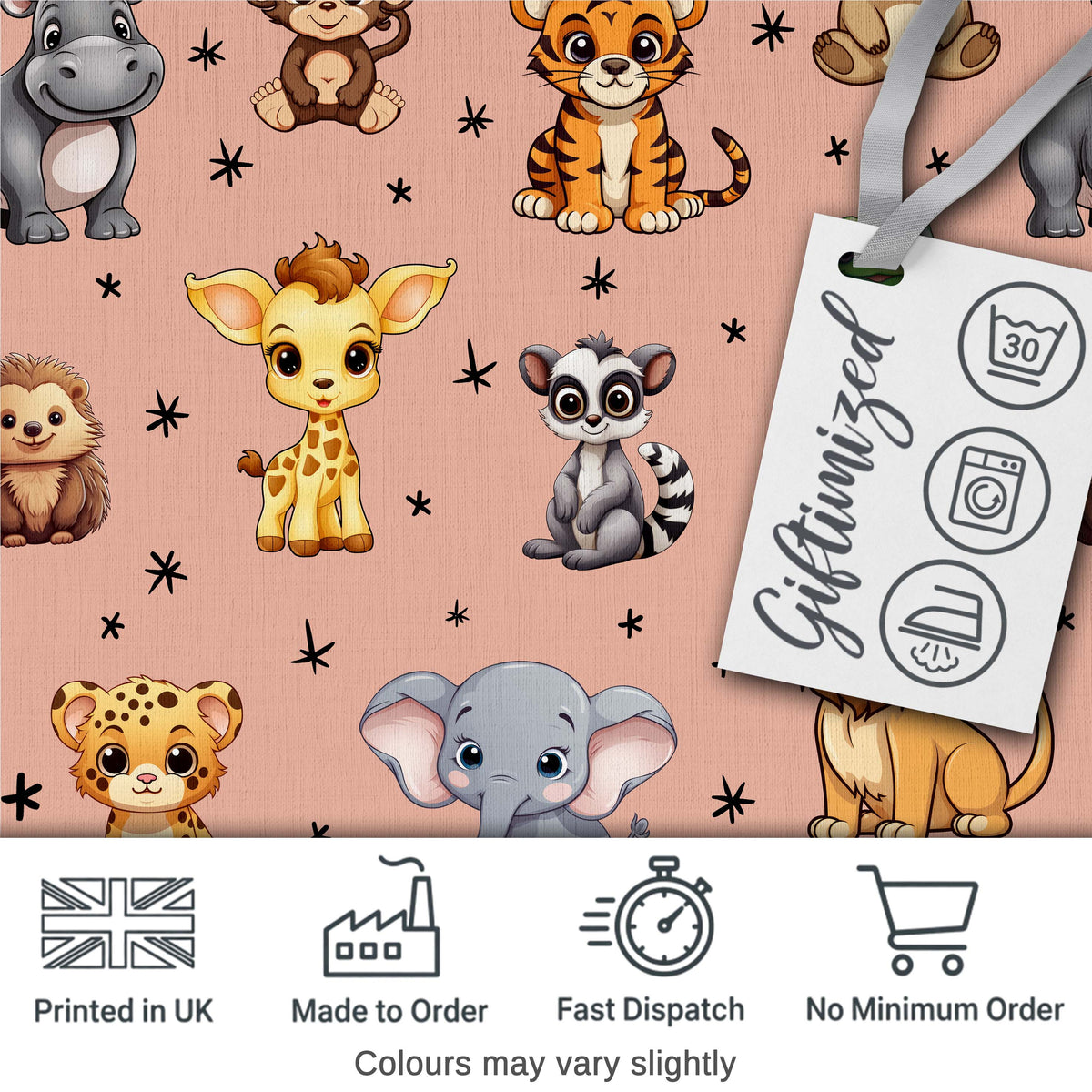 Cute Jungle Baby Animals Lion Tiger Elephant Giraffe  Pattern Peach Background Digital Print Fabric by the Metre UK Sewing Quilting Textile