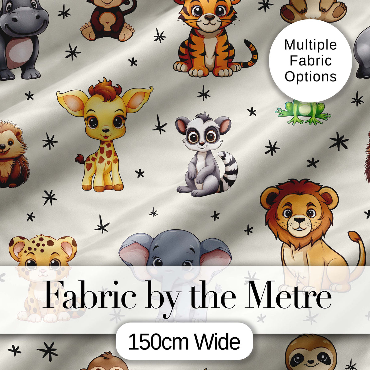 Cute Jungle Baby Animals Lion Tiger Elephant Giraffe  Pattern Cream Background Digital Print Fabric by the Metre UK Sewing Quilting Textile