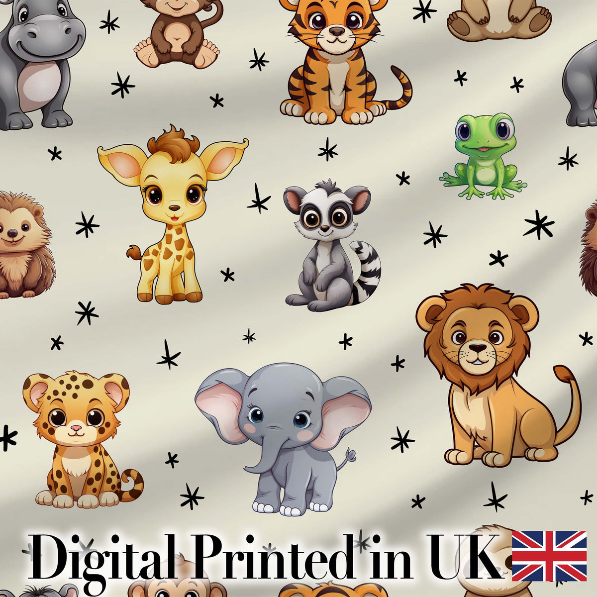 Cute Jungle Baby Animals Lion Tiger Elephant Giraffe  Pattern Cream Background Digital Print Fabric by the Metre UK Sewing Quilting Textile