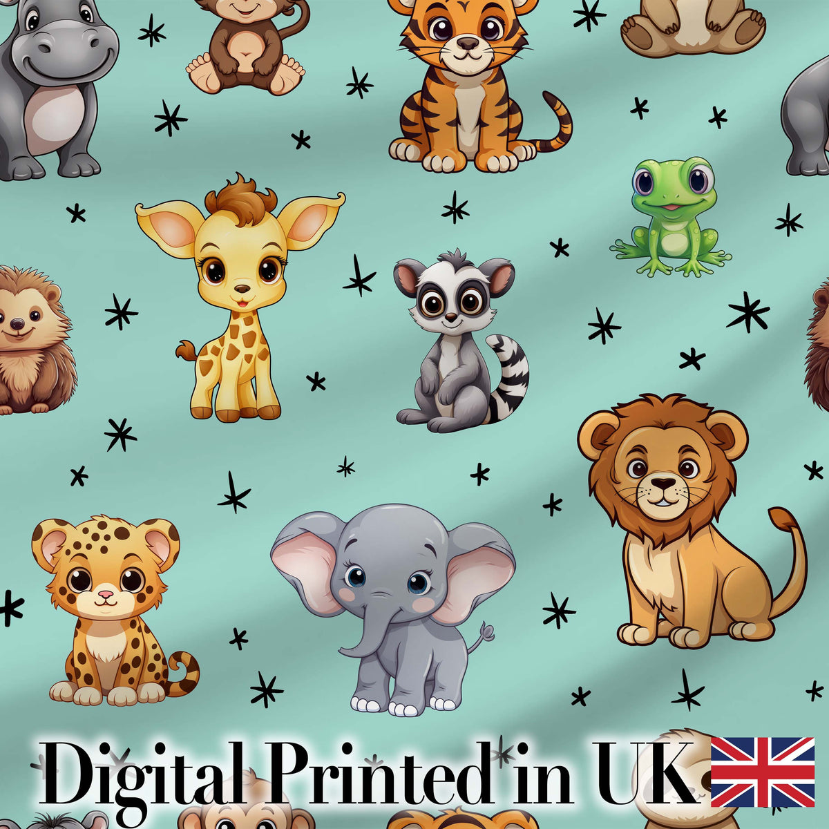 Cute Jungle Baby Animals Lion Tiger Elephant Giraffe  Pattern Mint Background Digital Print Fabric by the Metre UK Sewing Quilting Textile