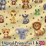 Cute Jungle Baby Animals Lion Tiger Elephant Giraffe  Pattern Beige Background Digital Print Fabric by the Metre UK Sewing Quilting Textile
