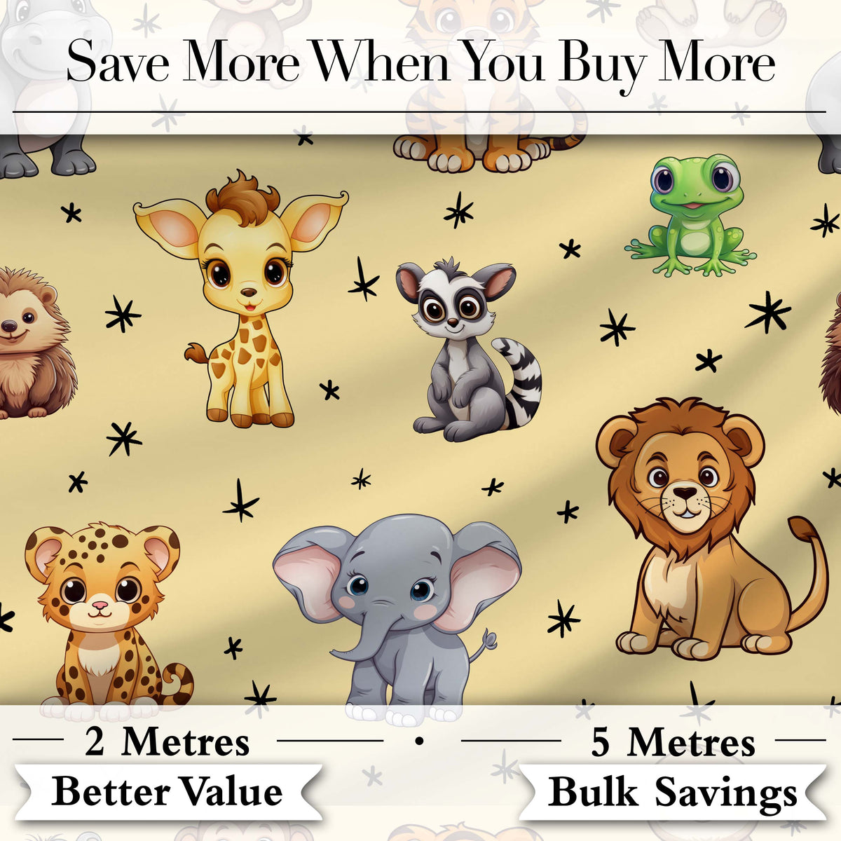 Cute Jungle Baby Animals Lion Tiger Elephant Giraffe  Pattern Beige Background Digital Print Fabric by the Metre UK Sewing Quilting Textile