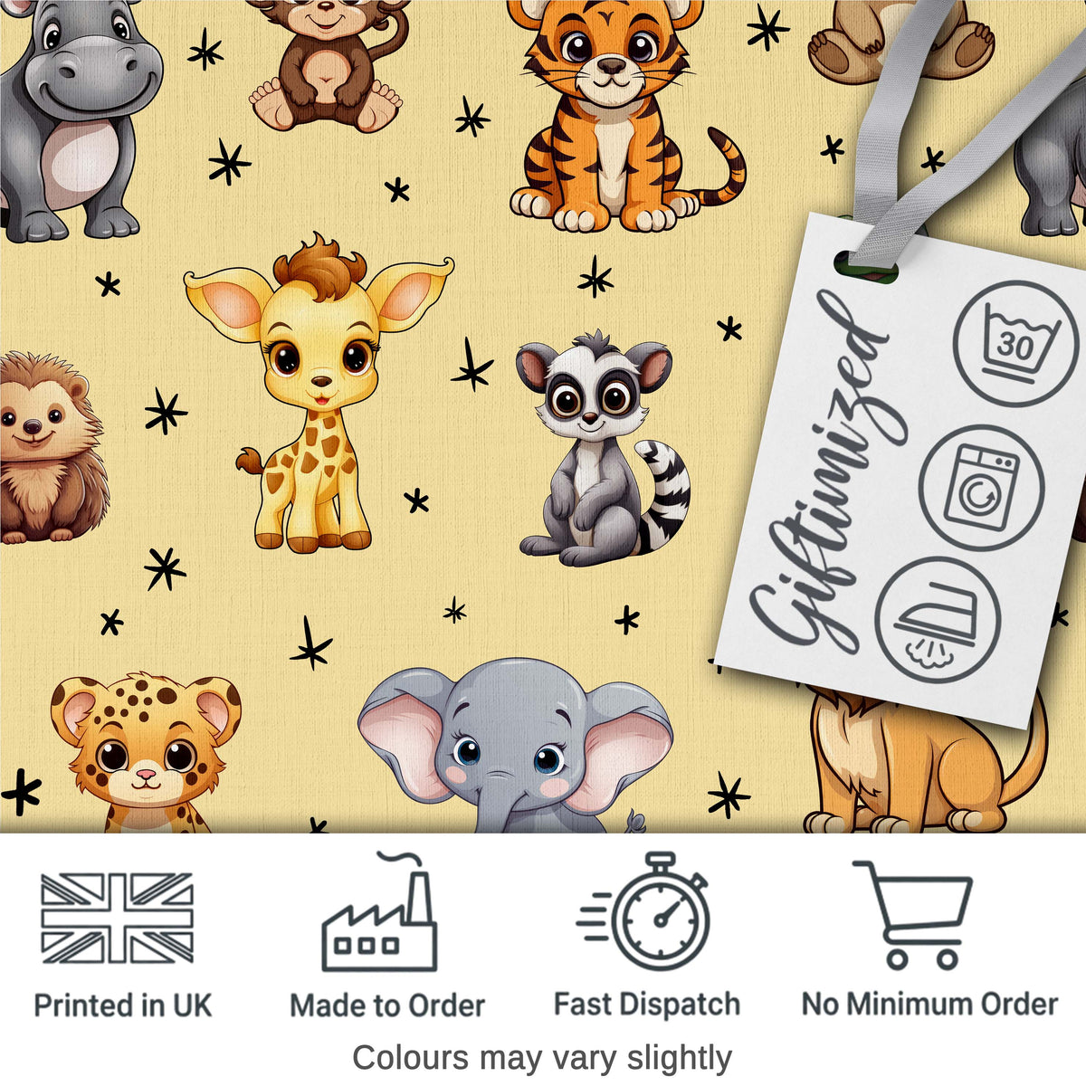 Cute Jungle Baby Animals Lion Tiger Elephant Giraffe  Pattern Beige Background Digital Print Fabric by the Metre UK Sewing Quilting Textile