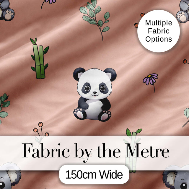 Cute Panda Bear with Bamboo Leaves Floral Seamless Pattern Peach Background Digital Print Fabric by the Metre UK Sewing Quilting Textile
